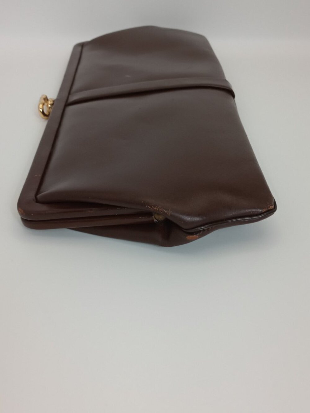 Vintage 1960s Dark Brown Leather Clutch Purse Gold Tone Clasp Retro Handbag